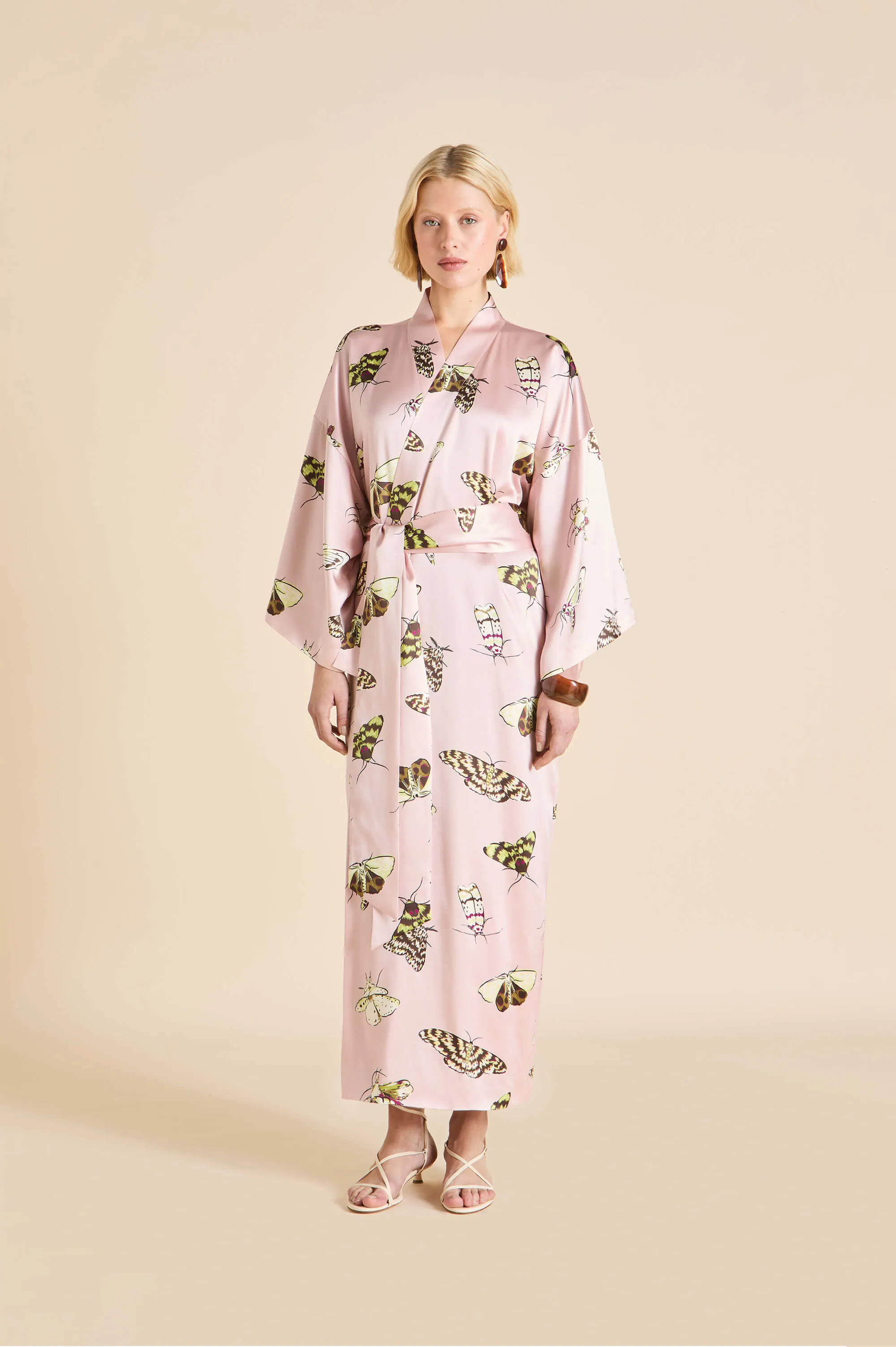 Queenie Elda Pink Moth Robe in Silk Satin sold by Olivia von Halle