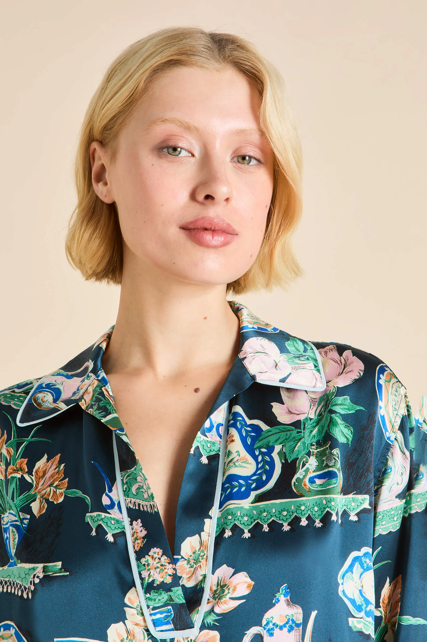 Ebba Giotto Green Plate Pajamas in Silk Satin sold by Olivia von Halle product image thumbnail 3