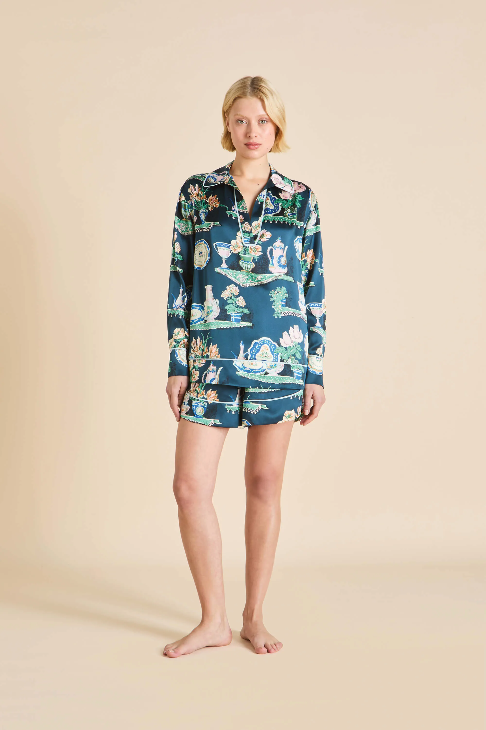 Ebba Giotto Green Plate Pajamas in Silk Satin sold by Olivia von Halle