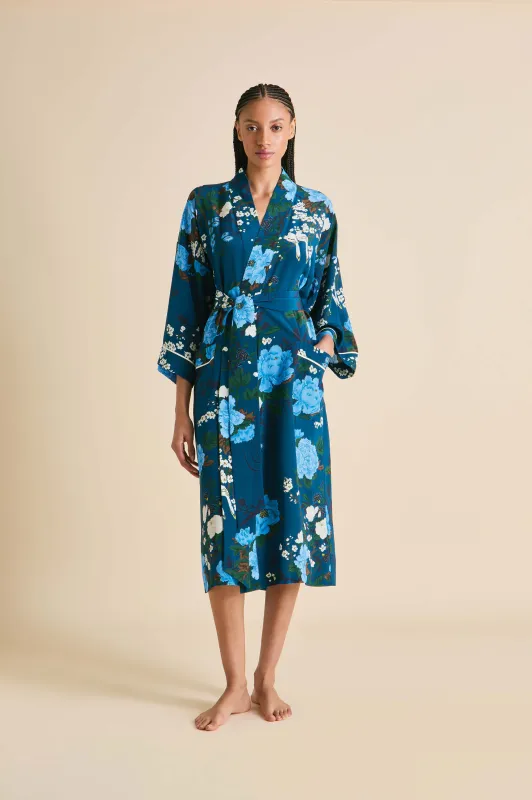 Sabine Tibatant Blue Floral Robe in Silk Crêpe de Chine made by Olivia von Halle