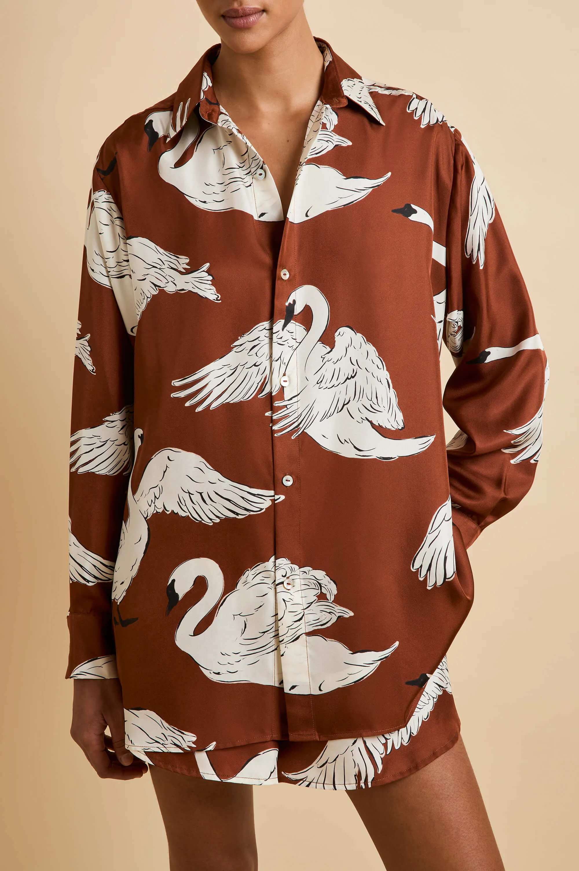 Kick Inés Brown Swan Pajamas in Silk Twill sold by Olivia von Halle product image thumbnail 3