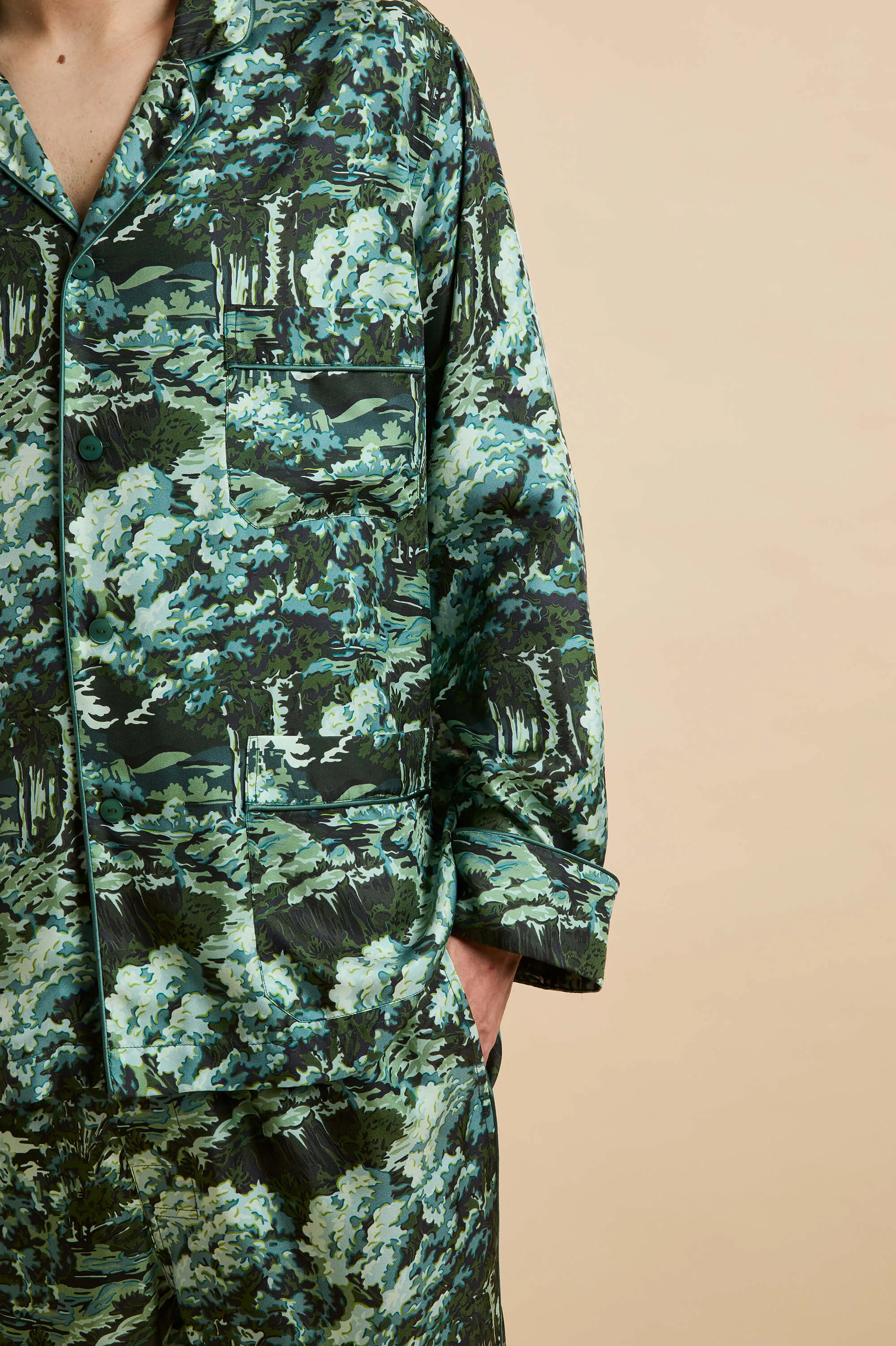 Laurent Linden Green Forest Pajamas in Silk Twill sold by Olivia von Halle product image thumbnail 3