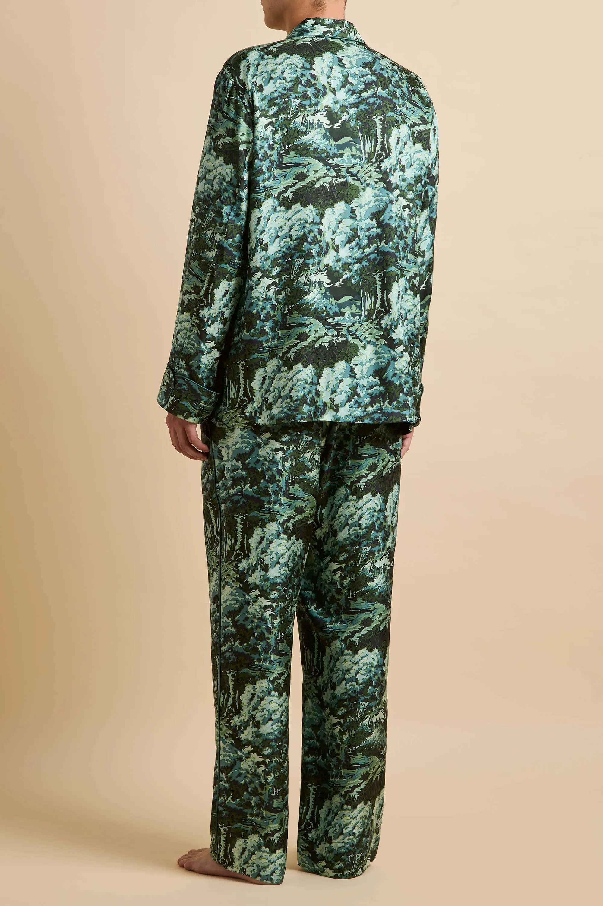 Laurent Linden Green Forest Pajamas in Silk Twill sold by Olivia von Halle product image thumbnail 4