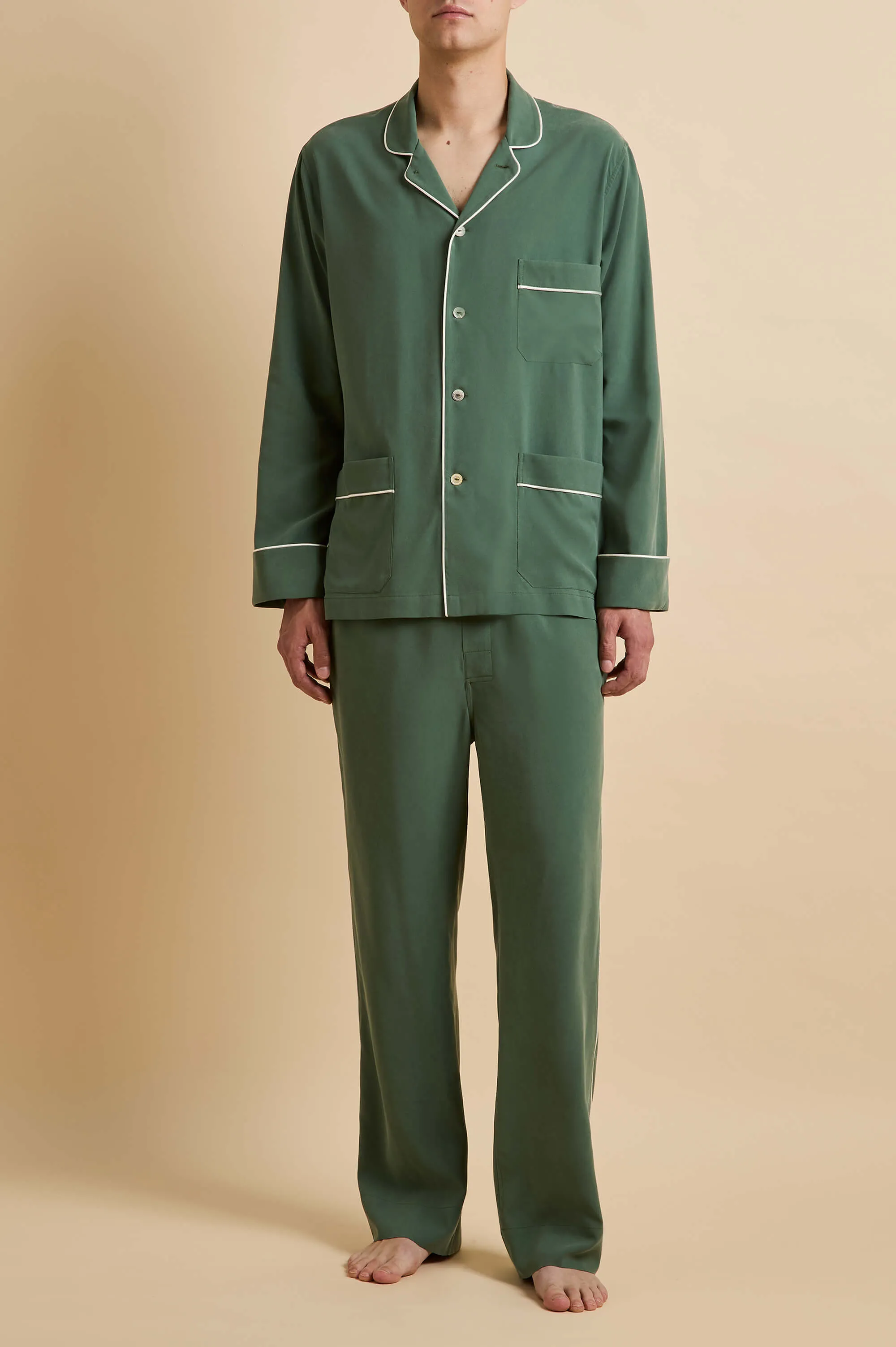 Laurent Green Pajamas in Sandwashed Silk sold by Olivia von Halle