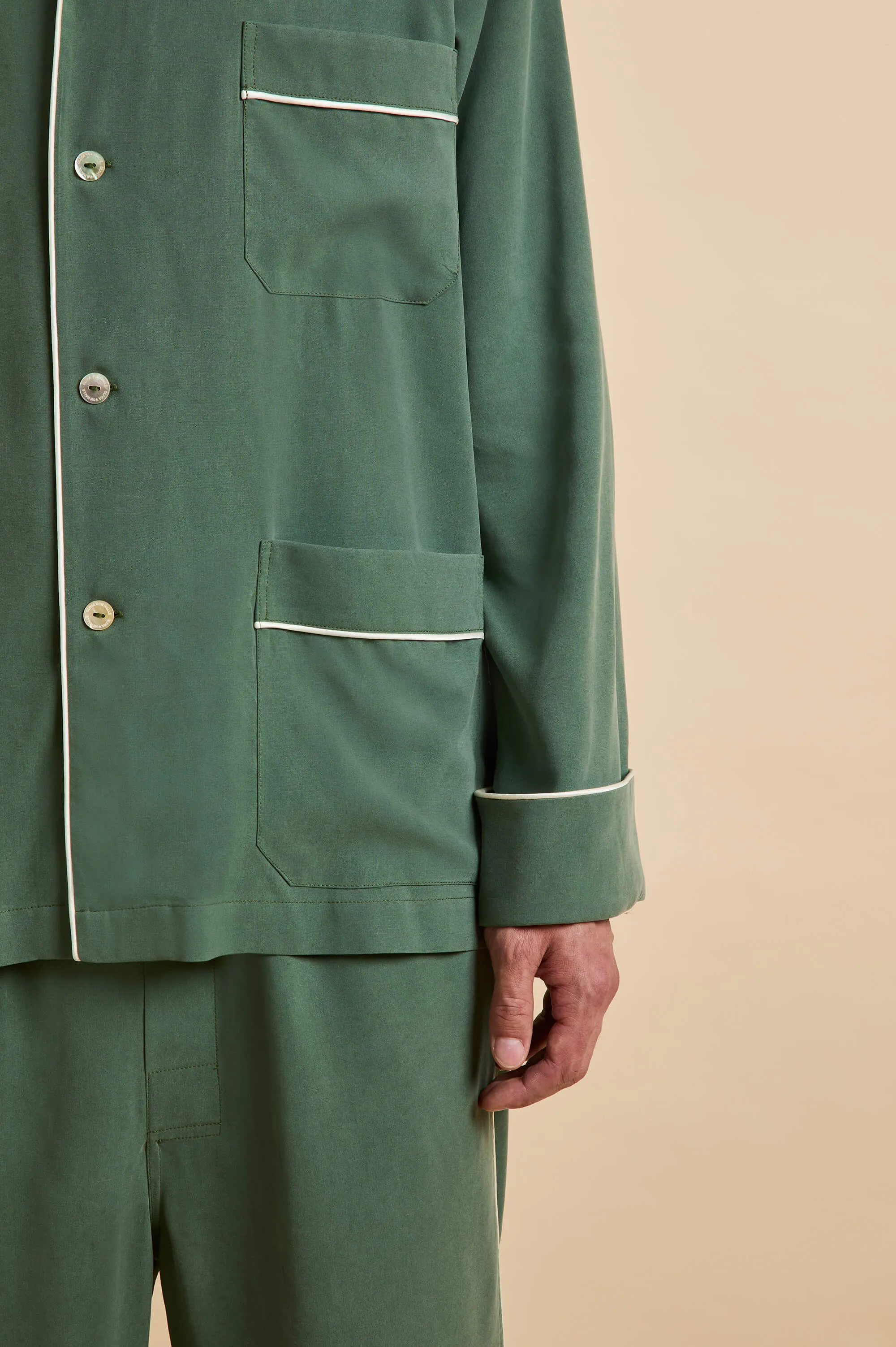 Laurent Green Pajamas in Sandwashed Silk sold by Olivia von Halle product image thumbnail 3