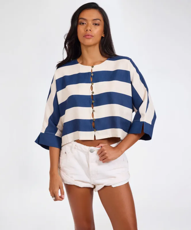 Blue Vista Linen Cropped Batwing Top - Blue Cream sold by One Teaspoon