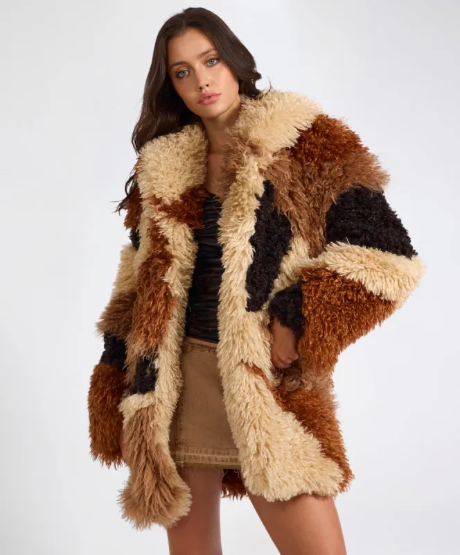 Mongolian Longline Faux Fur Jacket - Tan sold by One Teaspoon
