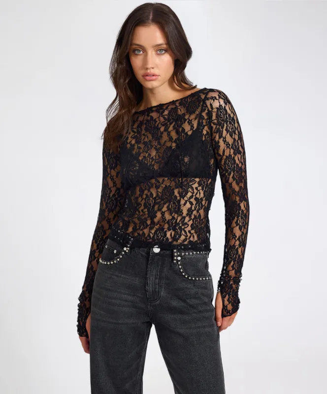 Wednesday Lace Long Sleeve Top - Black made by One Teaspoon
