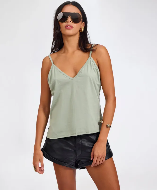 Deep V Front Cotton Singlet - Khaki sold by One Teaspoon