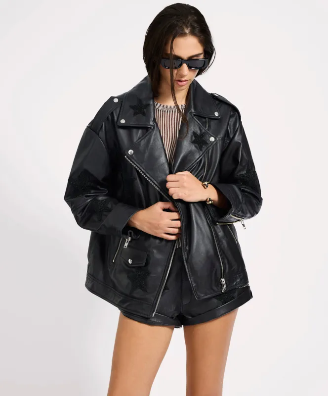 Biker Boyfriend Embellished Moto Leather Jacket - Black Star sold by One Teaspoon