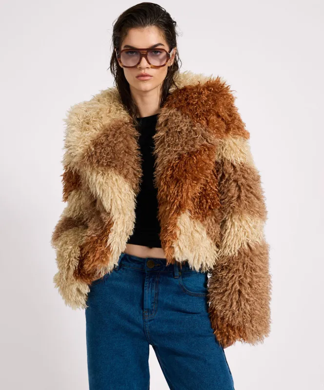 Mongolian Cropped Faux Fur Jacket - Tan sold by One Teaspoon