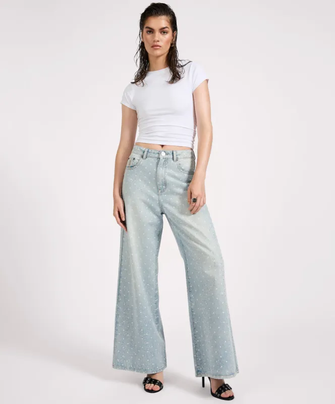 Love Machines Mid Waist Super Wide Leg Denim Jeans - Blue Sparkle sold by One Teaspoon