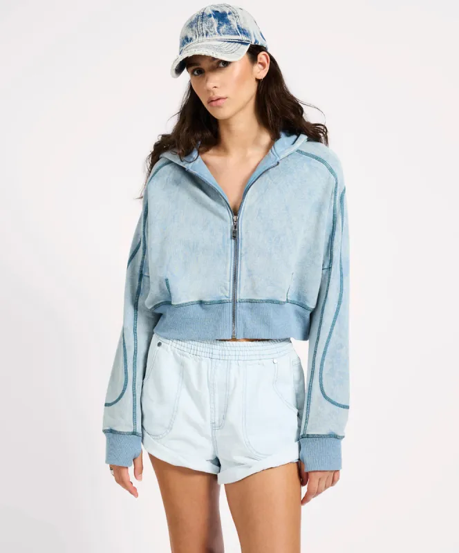 Cropped Fleece Zip Hoody - Washed Blue sold by One Teaspoon
