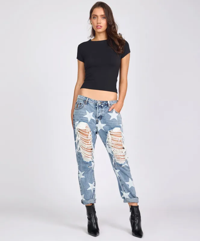 Saints Low Waist Boyfriend Denim Jeans - Starwash Blue sold by One Teaspoon