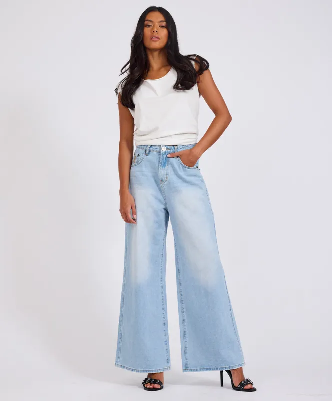 Love Machines Mid Waist Super Wide Leg Heartless Denim Jeans - Blue sold by One Teaspoon