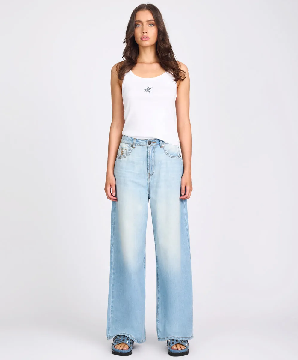 Love Machines Mid Waist Super Wide Leg Denim Jeans - Cool Blue sold by One Teaspoon product image thumbnail 2