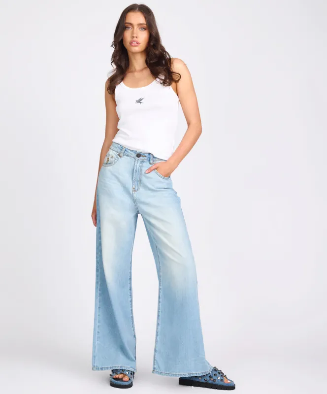 Love Machines Mid Waist Super Wide Leg Denim Jeans - Cool Blue sold by One Teaspoon