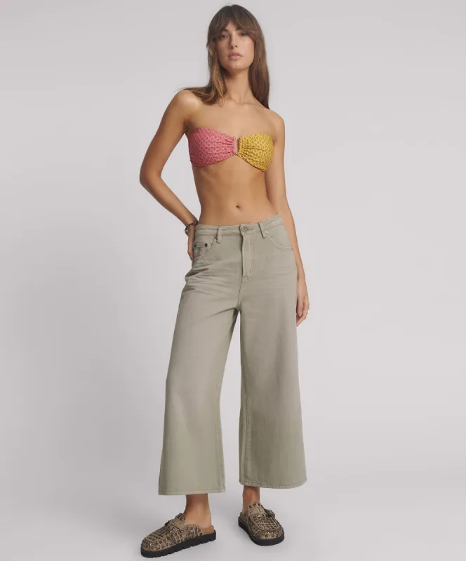 Love Machines Mid Waist Super Wide Leg Cropped Denim Jeans - Faded Khaki sold by One Teaspoon