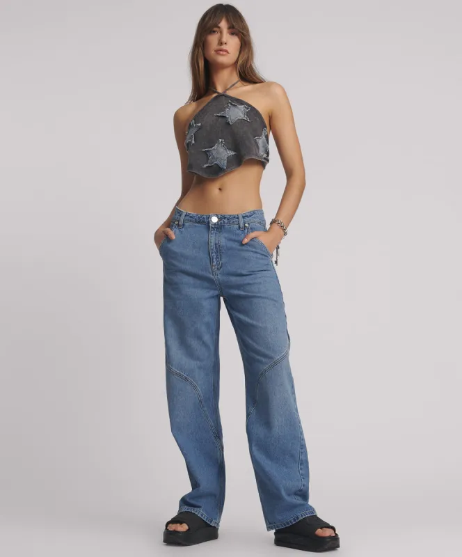 Western Wonders Mid Waist Straight Leg Denim Jeans - Blue Estate sold by One Teaspoon