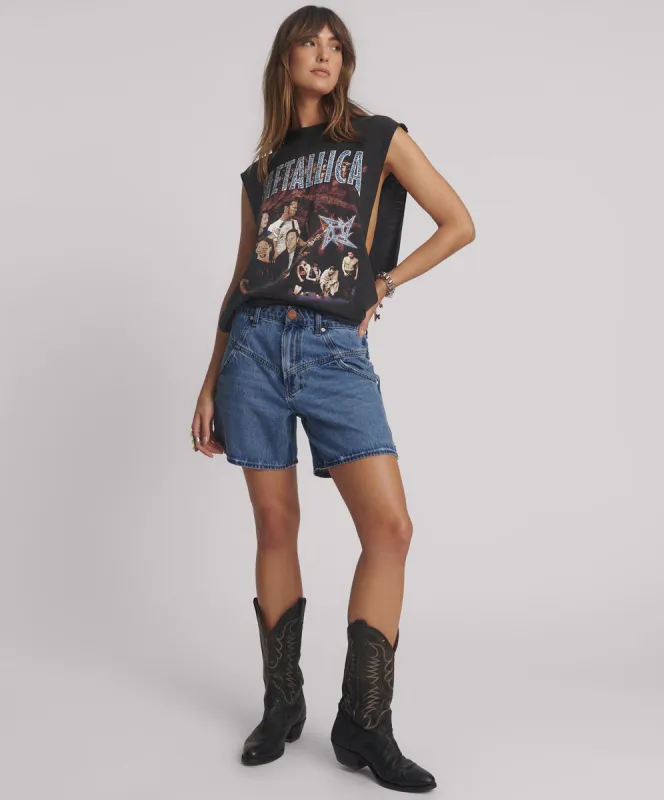 Kinks Mid Waist Long Length Denim Shorts - Blue Estate sold by One Teaspoon