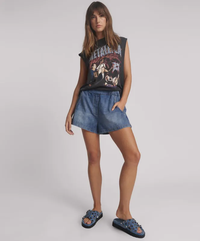 Funks High Waist Elasticated Flippy Denim Short - Blue Love sold by One Teaspoon