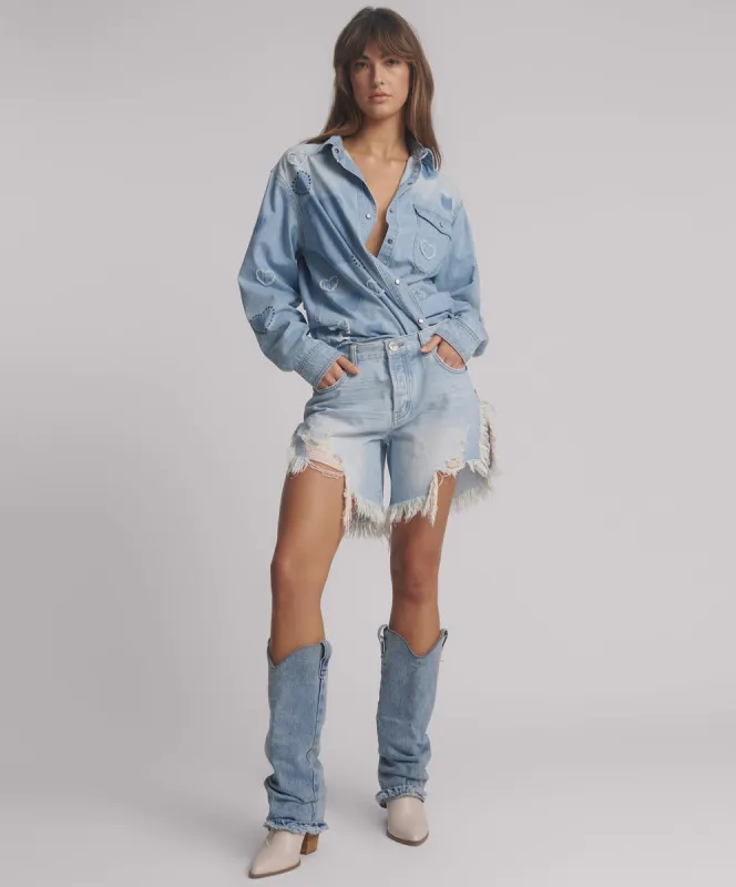 Frankies Low Waist Long Length Denim Shorts - Blue Heart sold by One Teaspoon