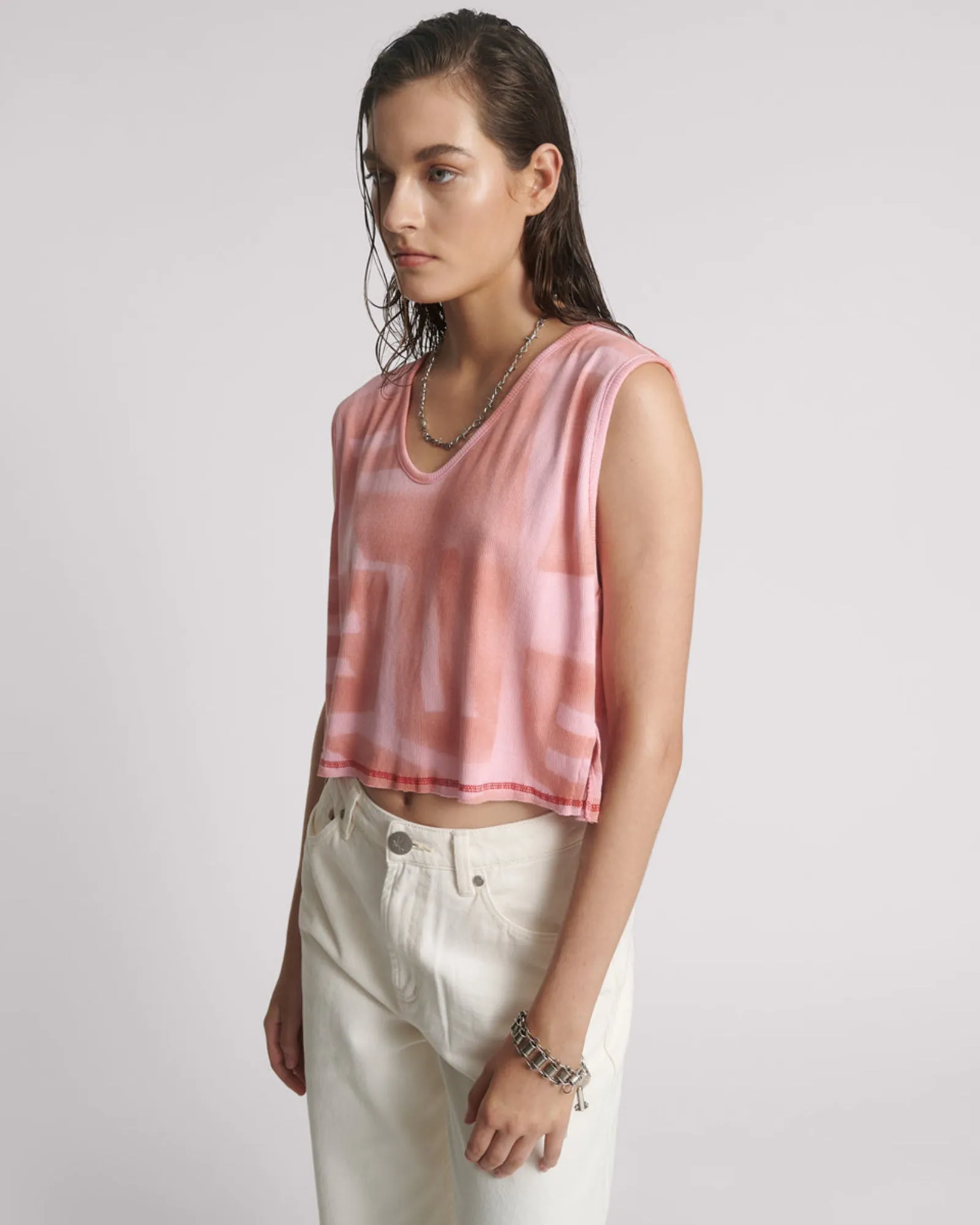 Gloria Moai V-Front Hand Painted Rib Tank Top - Pink sold by One Teaspoon product image thumbnail 2