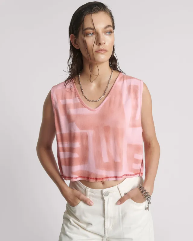 Gloria Moai V-Front Hand Painted Rib Tank Top - Pink sold by One Teaspoon