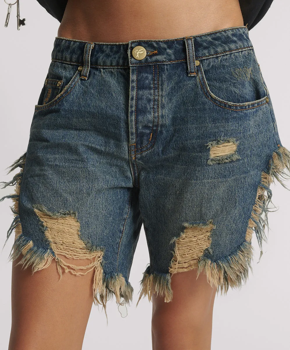 Frankies Low Waist Long Length Denim Shorts - Dirty Blue Love sold by One Teaspoon product image thumbnail 2