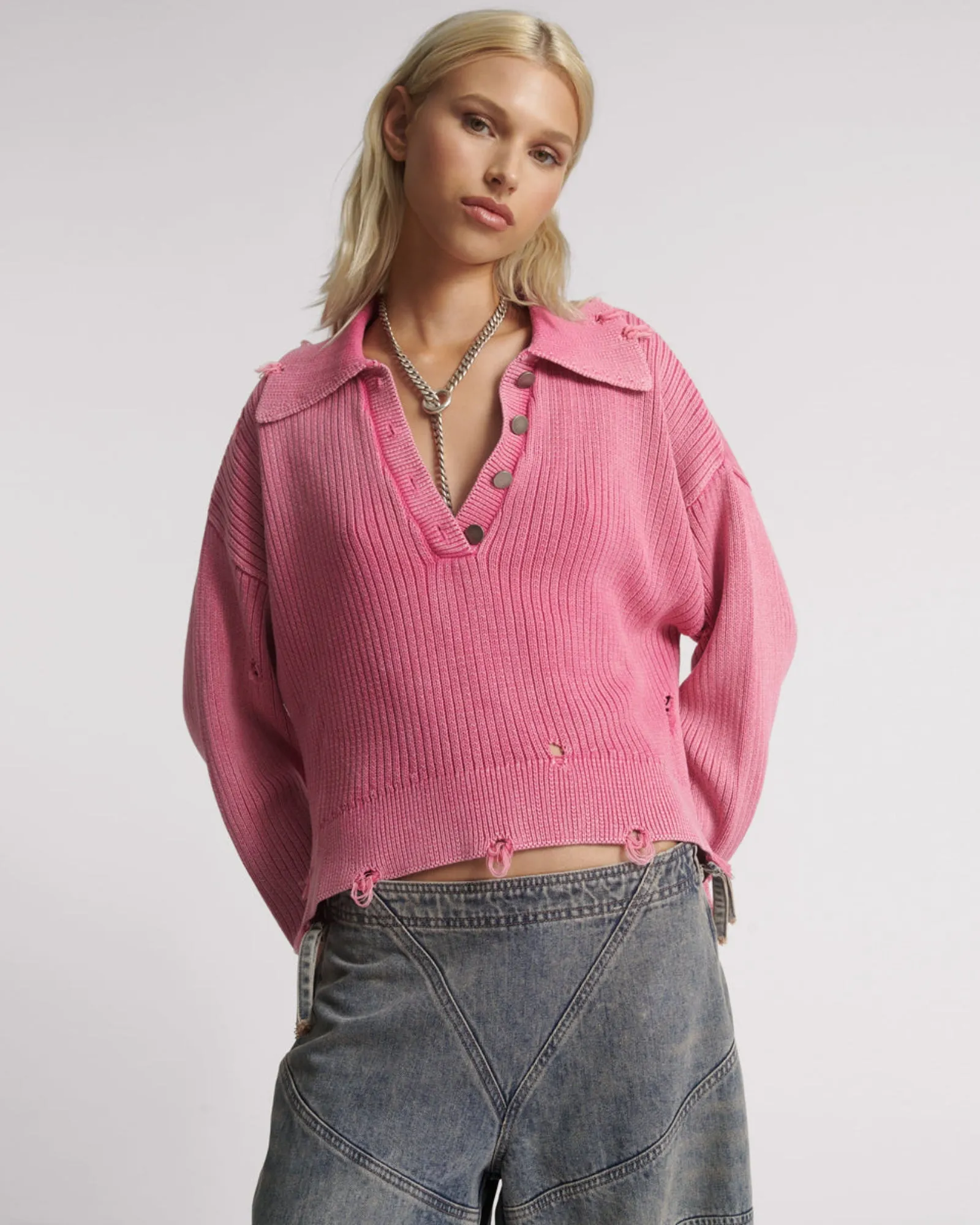 Rib College Pullover Sweater - Pink sold by One Teaspoon