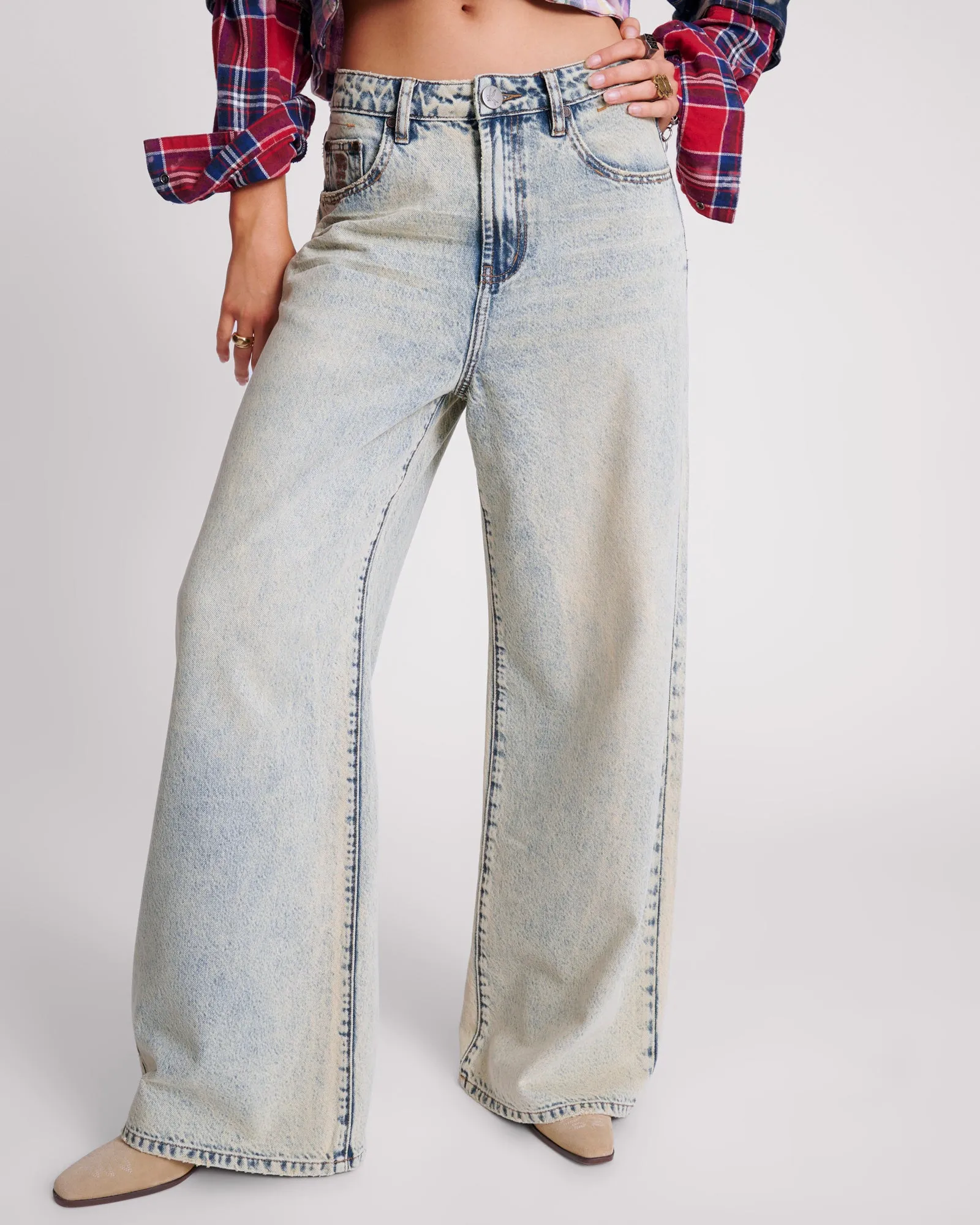 Love Machines Mid Waist Super Wide Leg Denim Jeans - Blue Dust sold by One Teaspoon product image thumbnail 2