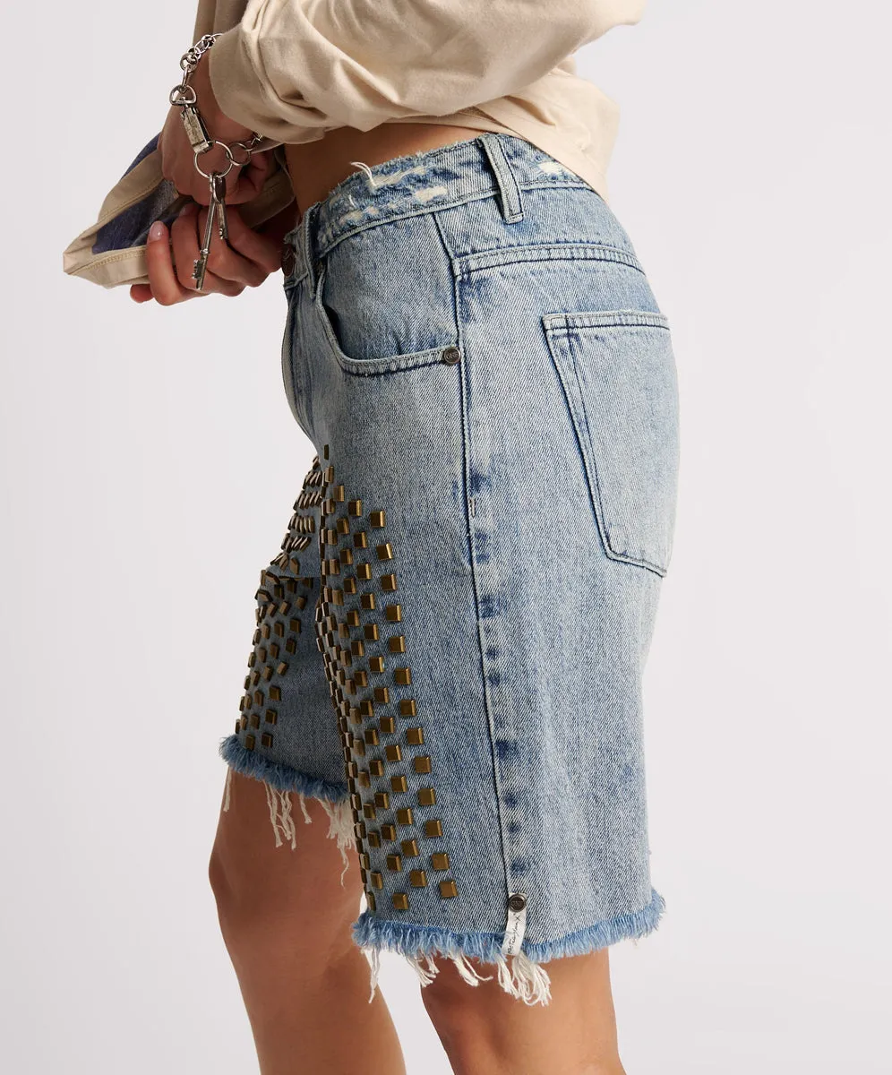 Jacksons Mid Waist Wide Leg Studded Denim Shorts - Salty Dog sold by One Teaspoon product image thumbnail 4