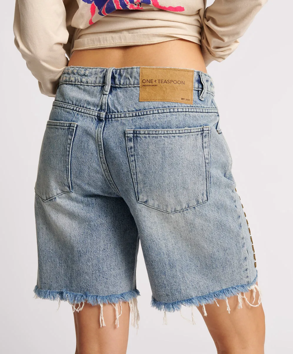 Jacksons Mid Waist Wide Leg Studded Denim Shorts - Salty Dog sold by One Teaspoon product image thumbnail 5