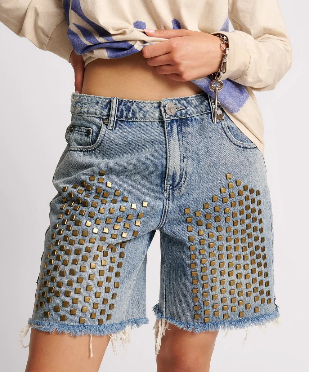 Jacksons Mid Waist Wide Leg Studded Denim Shorts - Salty Dog sold by One Teaspoon product image thumbnail 3