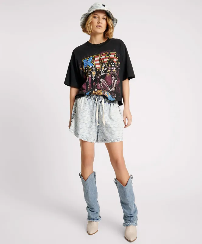 Boxer Low Waist Denim Shorts - Acid Check sold by One Teaspoon