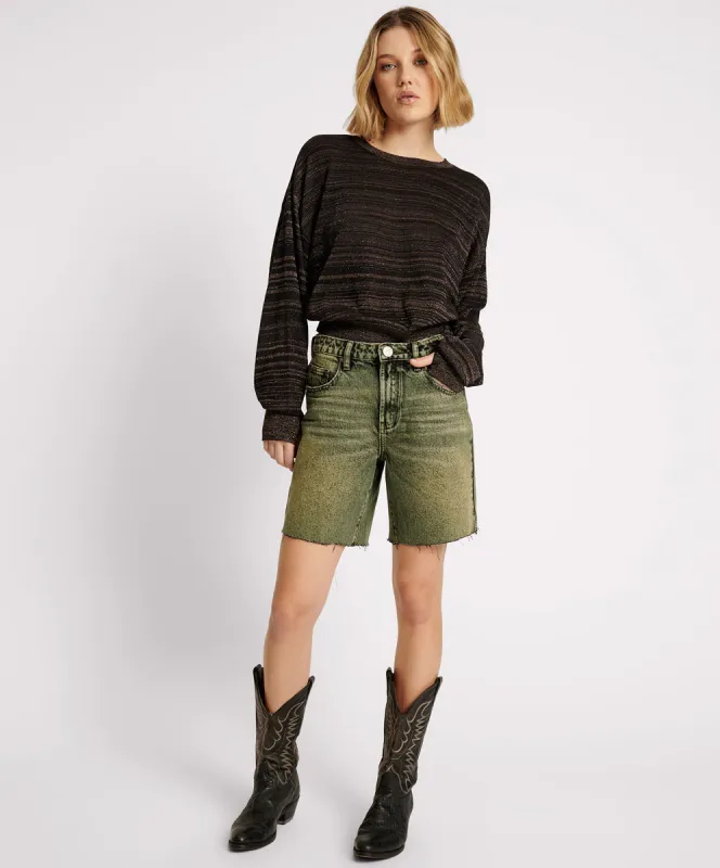 BLACK KHAKI JACKSON MID WAIST WIDE LEG SHORTS made by One Teaspoon