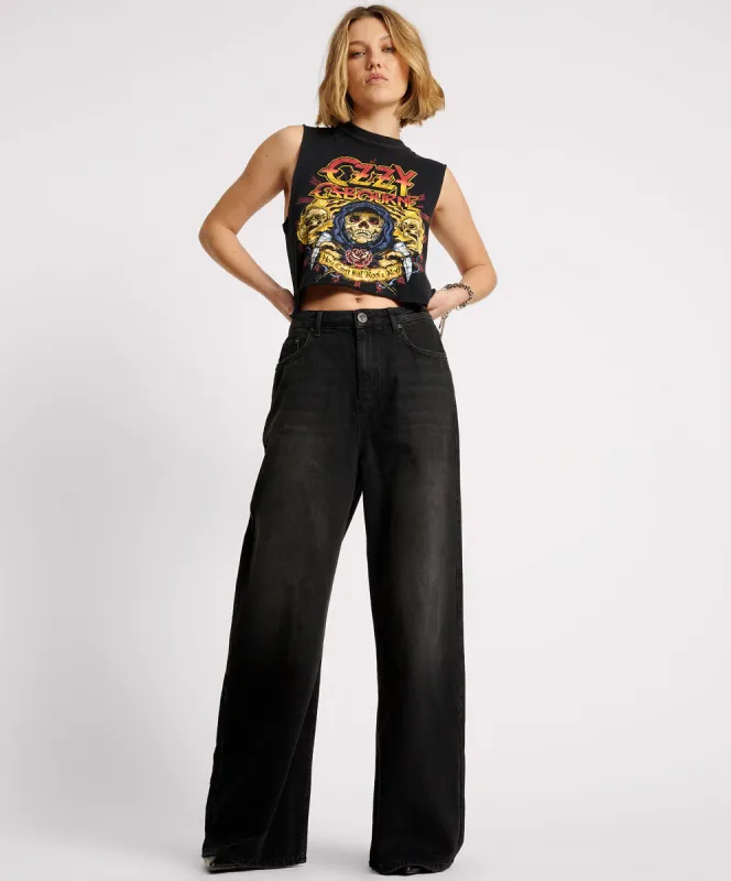 Love Machines Mid Waist Super Wide Leg Denim Jeans - Washed Black sold by One Teaspoon