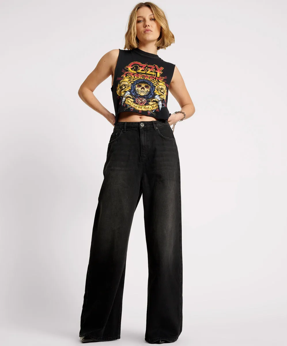 Love Machines Mid Waist Super Wide Leg Denim Jeans - Washed Black sold by One Teaspoon
