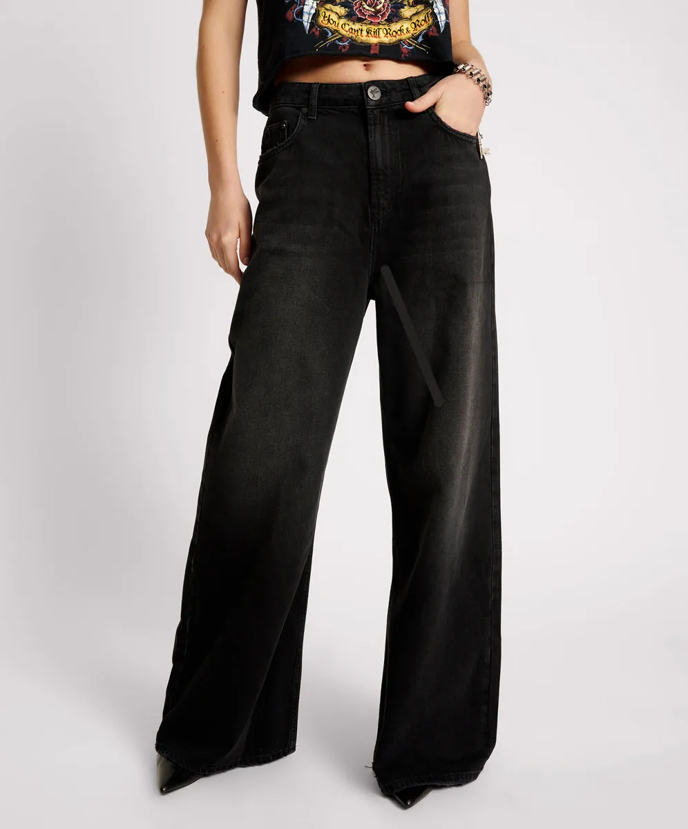 Love Machines Mid Waist Super Wide Leg Denim Jeans - Washed Black sold by One Teaspoon product image thumbnail 2