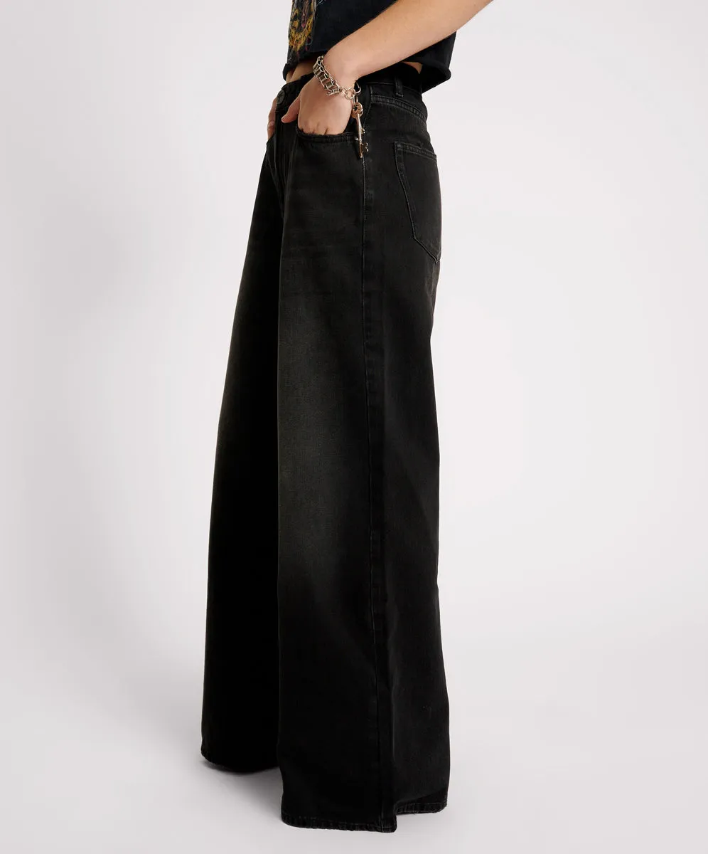 Love Machines Mid Waist Super Wide Leg Denim Jeans - Washed Black sold by One Teaspoon product image thumbnail 3