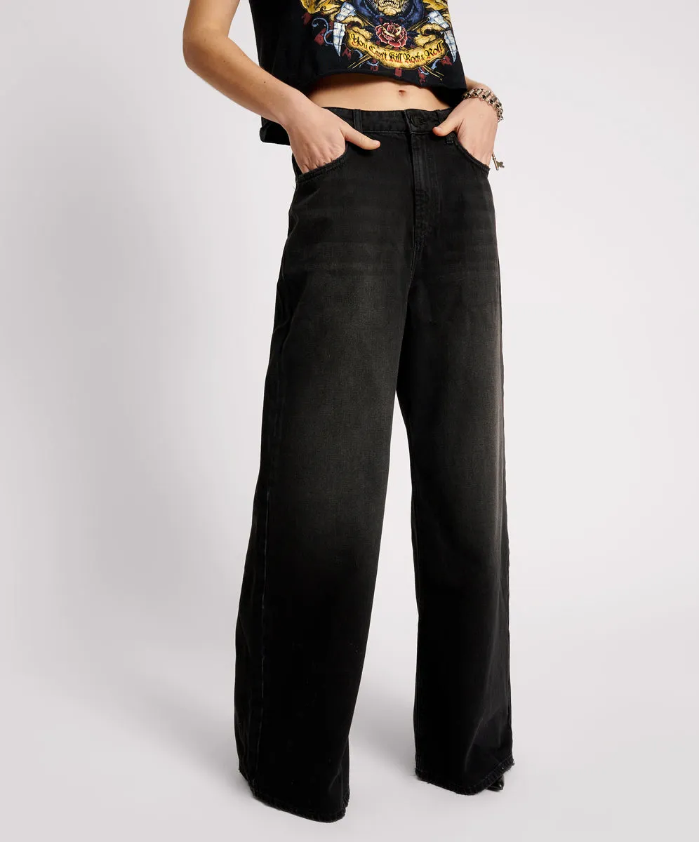 Love Machines Mid Waist Super Wide Leg Denim Jeans - Washed Black sold by One Teaspoon product image thumbnail 5