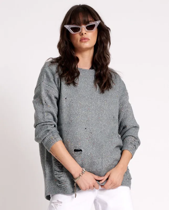Distressed Fisherman Knit Sweater - Grey sold by One Teaspoon