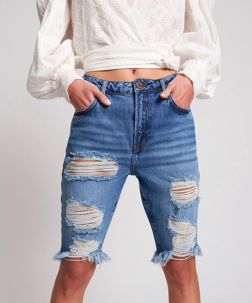 Long Truckers Mid Waist Relaxed Denim Jorts - Delaware sold by One Teaspoon product image thumbnail 2