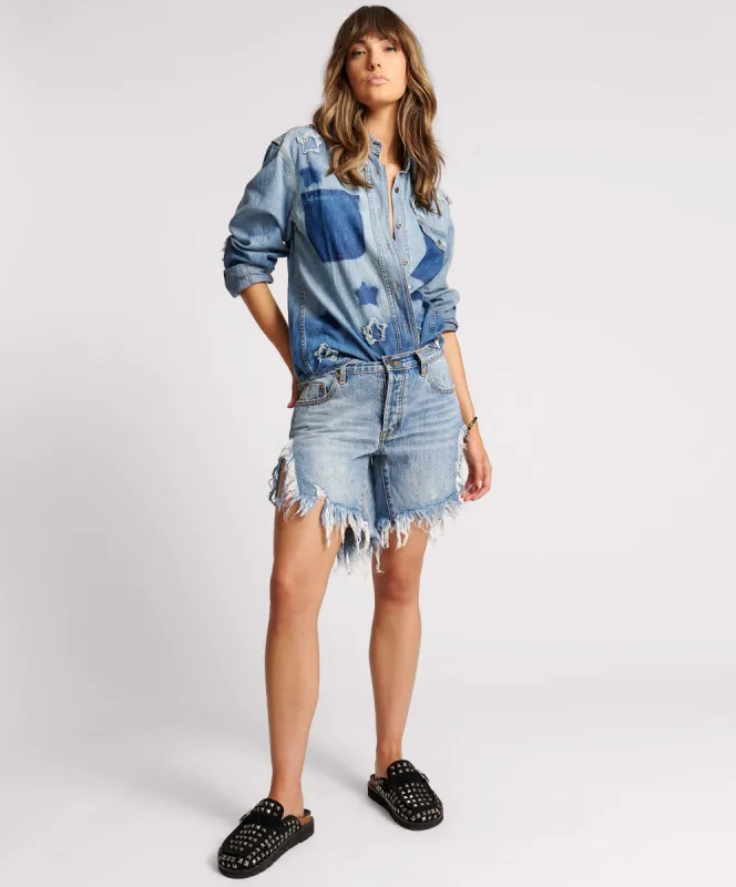 Frankies Low Waist Long Length Denim Shorts - Hollywood sold by One Teaspoon