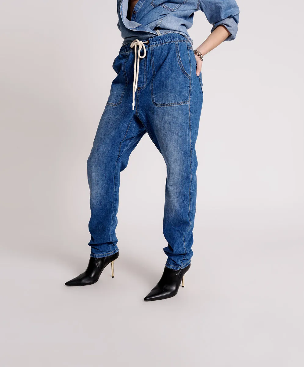 Shabbies High Waist Drawstring Boyfriend Denim Jeans - Resort Blue sold by One Teaspoon product image thumbnail 3