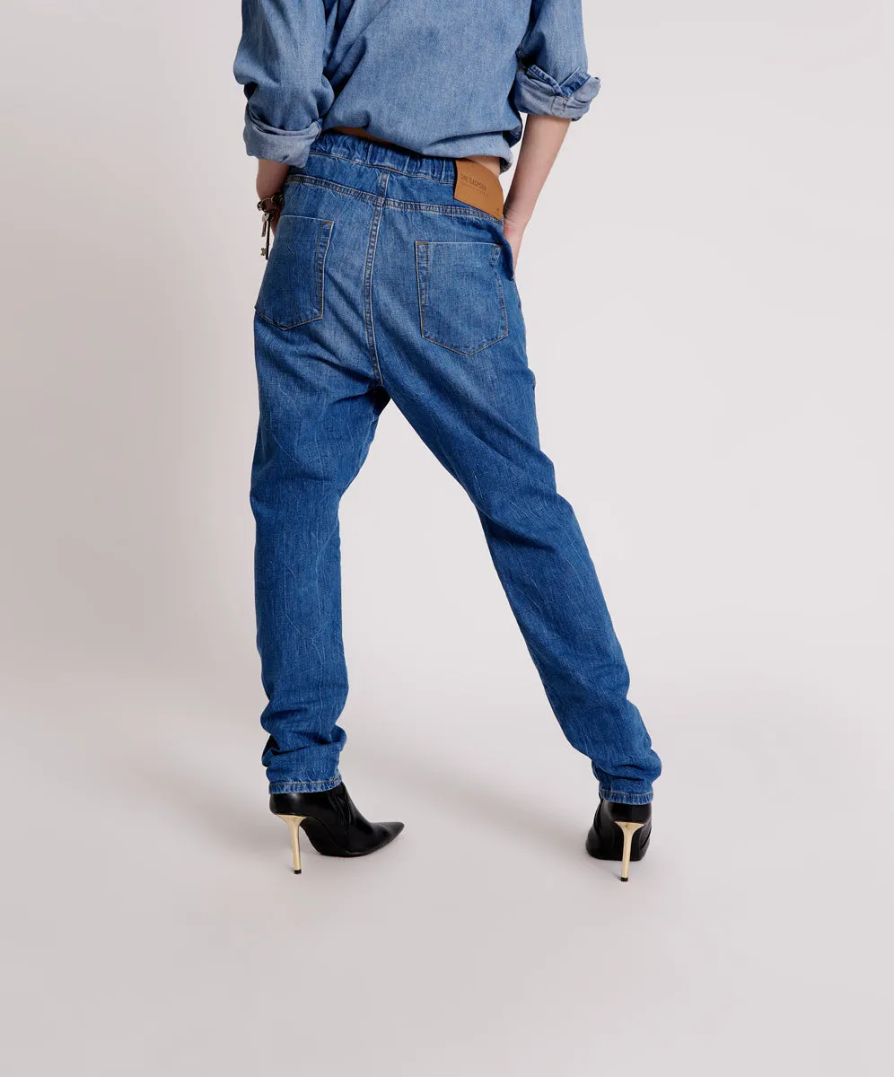 Shabbies High Waist Drawstring Boyfriend Denim Jeans - Resort Blue sold by One Teaspoon product image thumbnail 4