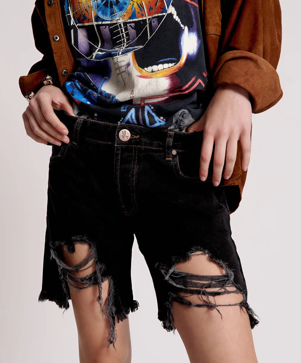 Stevies Low Waist Waist Long Length Boyfriend Denim Shorts - Worn Black sold by One Teaspoon product image thumbnail 2