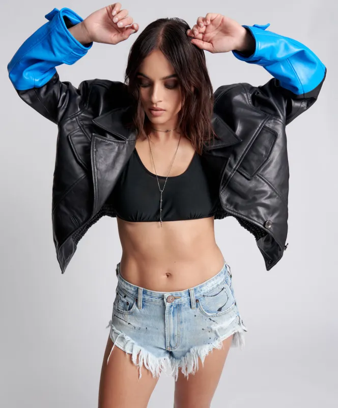 Rollers Low Waist Denim Shorts - Fleetwood Blue Painted Artiste sold by One Teaspoon