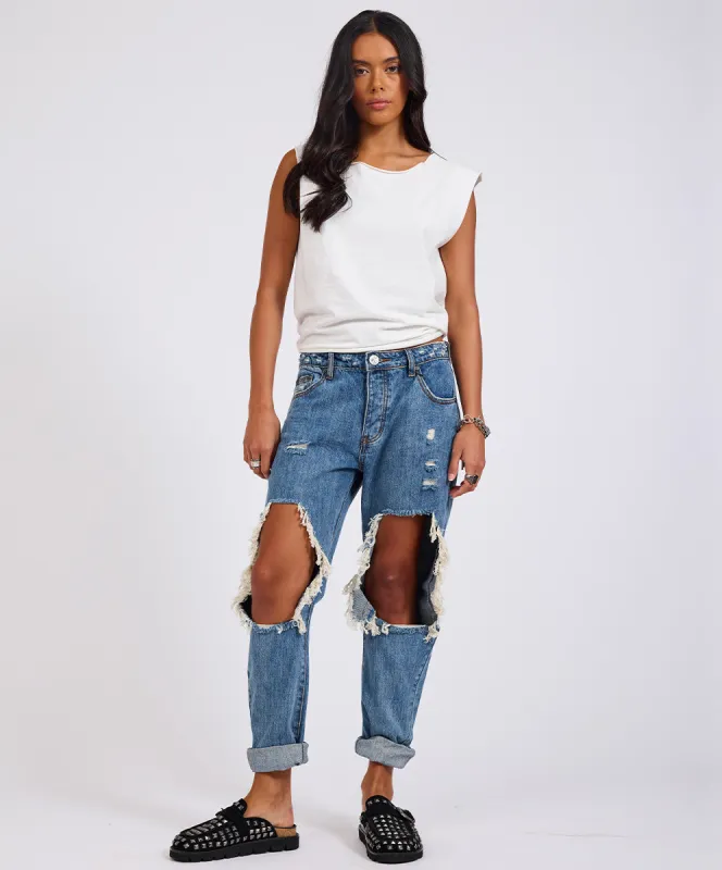 Saints Low Waist Boyfriend Denim Jeans - Johnny Blue sold by One Teaspoon