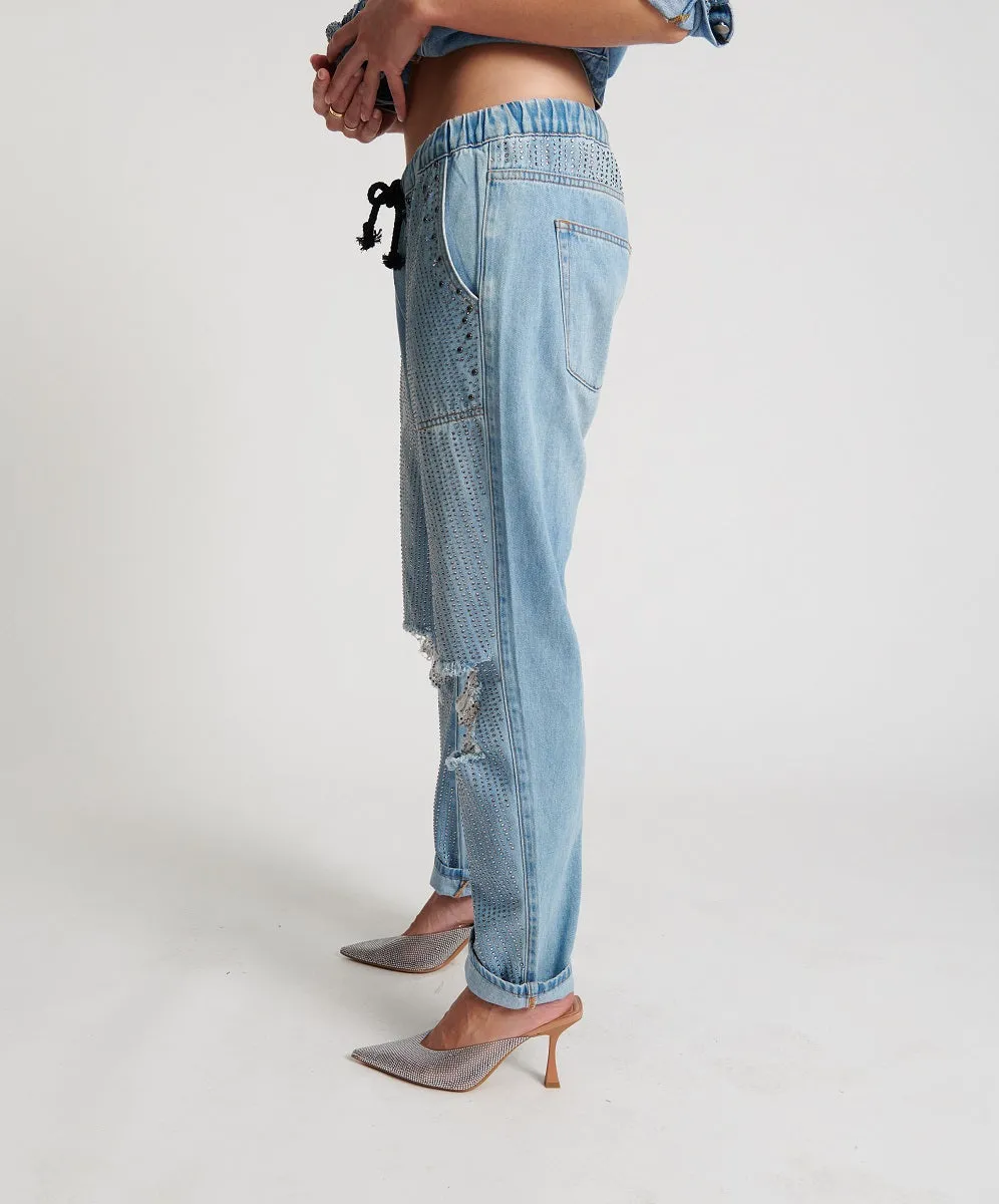 Shabbies Low Waist Drawstring Boyfriend Denim Jeans - Vintage Blue sold by One Teaspoon product image thumbnail 4
